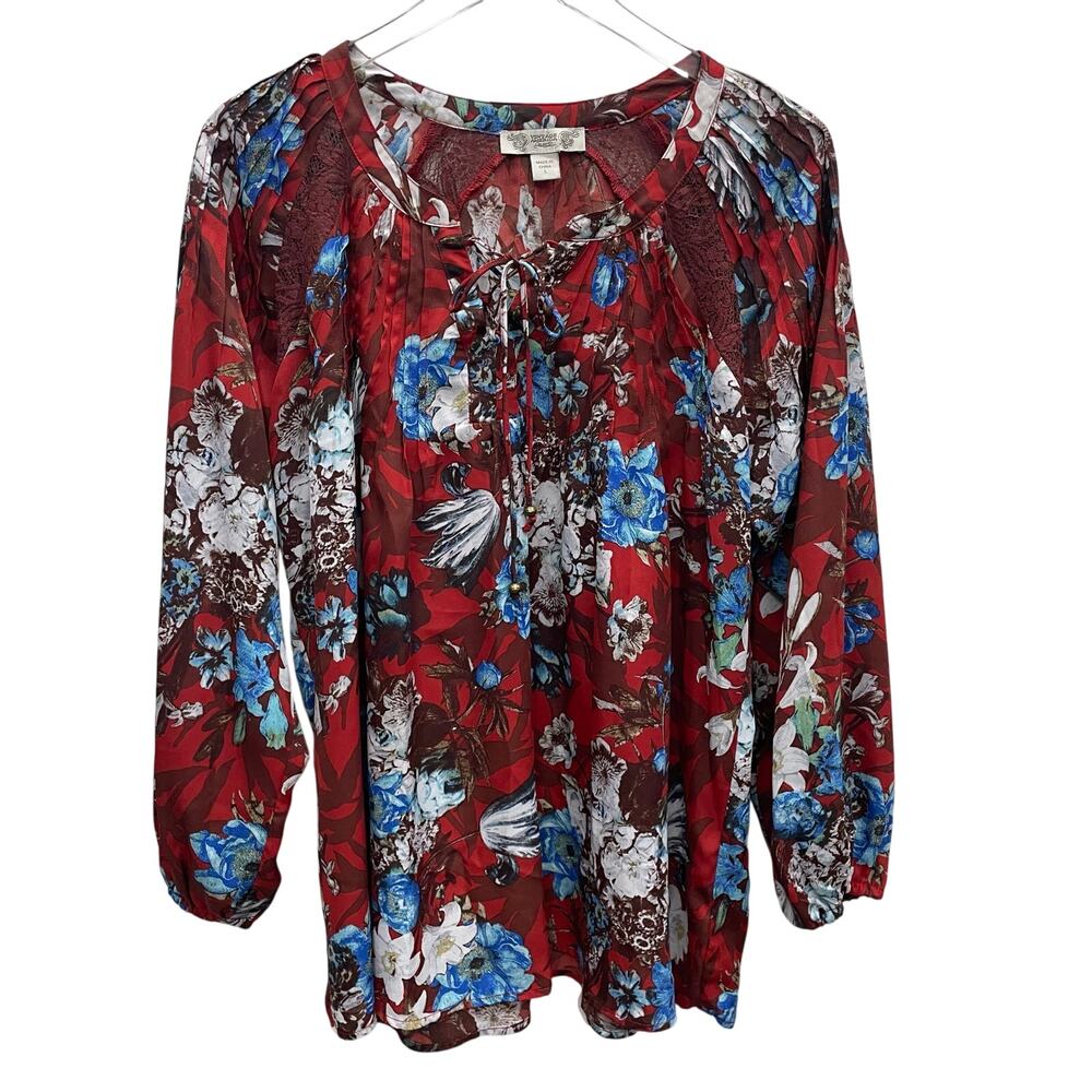 Vintage America Blues Lace Trim Red and Blue Floral Top With Tucks Size Large